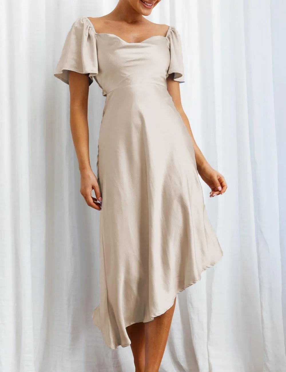 2025 Satin Cowl Neck Flutter Sleeve Midi Dress Silk Sexy Tie Back Asymmetrical Hemline Formal Long Dresses for Wedding Guest