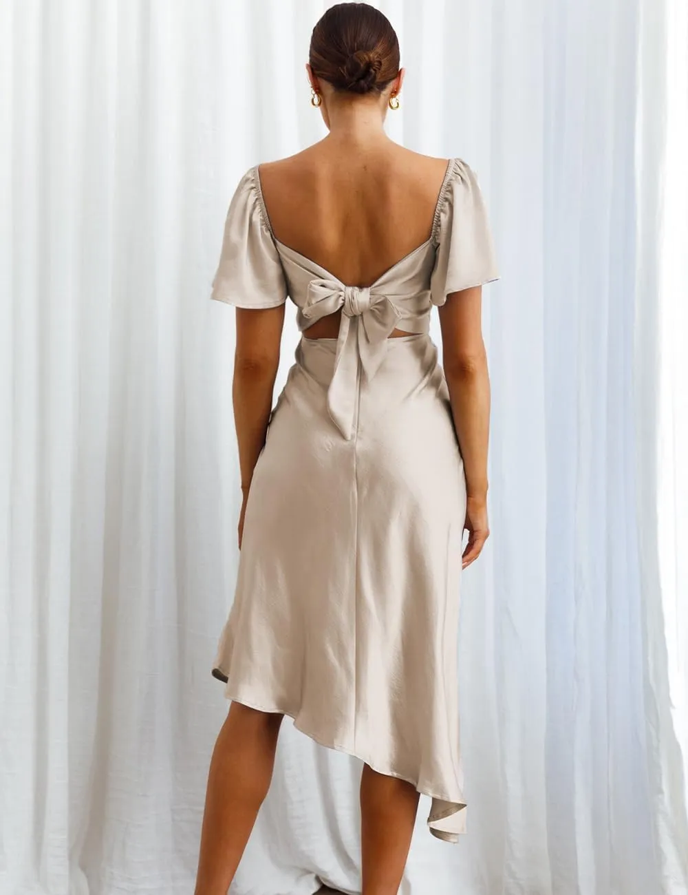 2025 Satin Cowl Neck Flutter Sleeve Midi Dress Silk Sexy Tie Back Asymmetrical Hemline Formal Long Dresses for Wedding Guest
