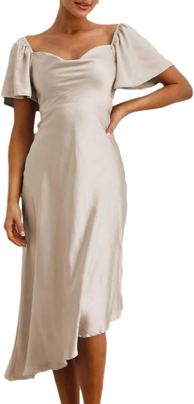 2025 Satin Cowl Neck Flutter Sleeve Midi Dress Silk Sexy Tie Back Asymmetrical Hemline Formal Long Dresses for Wedding Guest