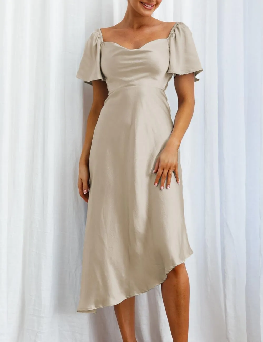 2025 Satin Cowl Neck Flutter Sleeve Midi Dress Silk Sexy Tie Back Asymmetrical Hemline Formal Long Dresses for Wedding Guest