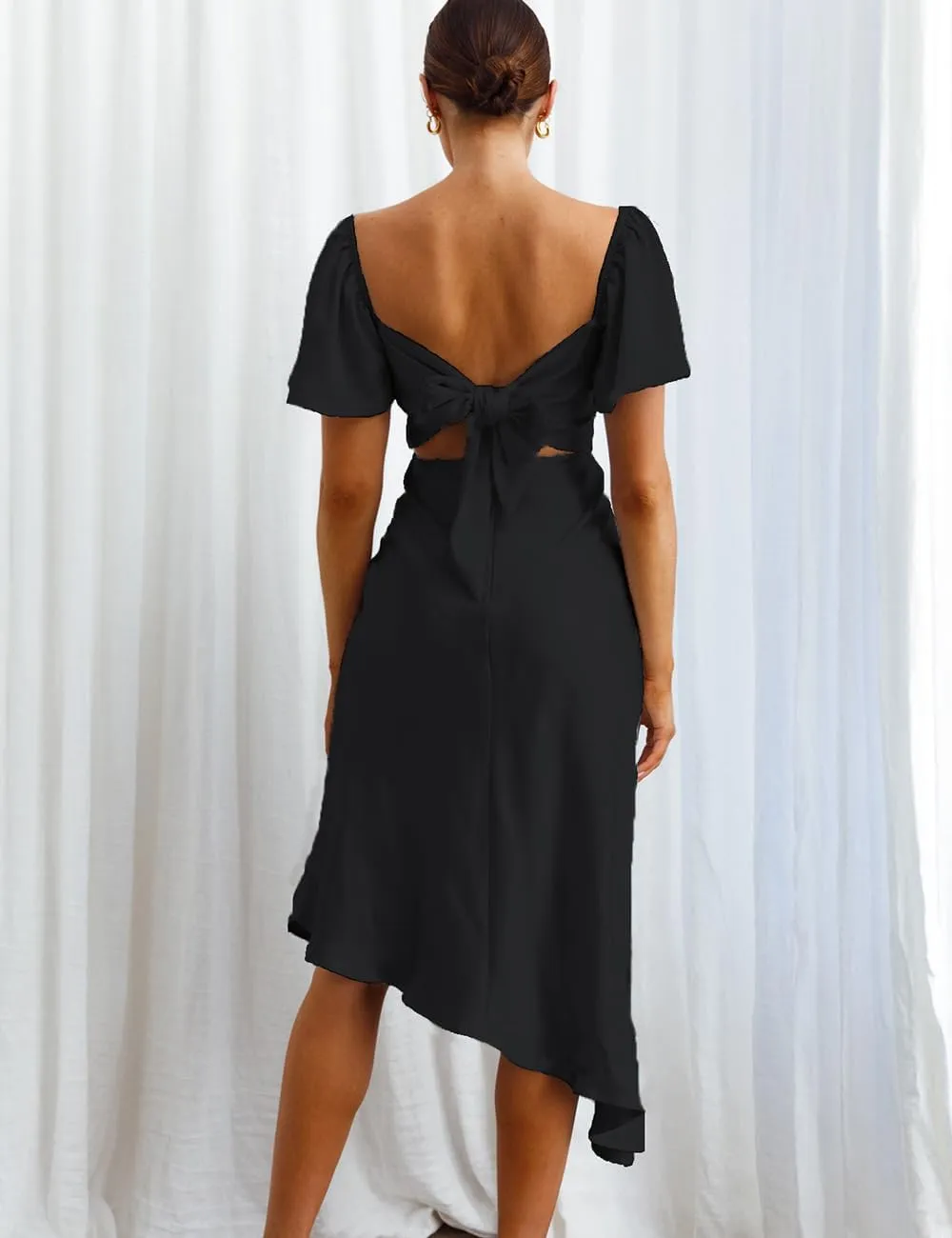 2025 Satin Cowl Neck Flutter Sleeve Midi Dress Silk Sexy Tie Back Asymmetrical Hemline Formal Long Dresses for Wedding Guest