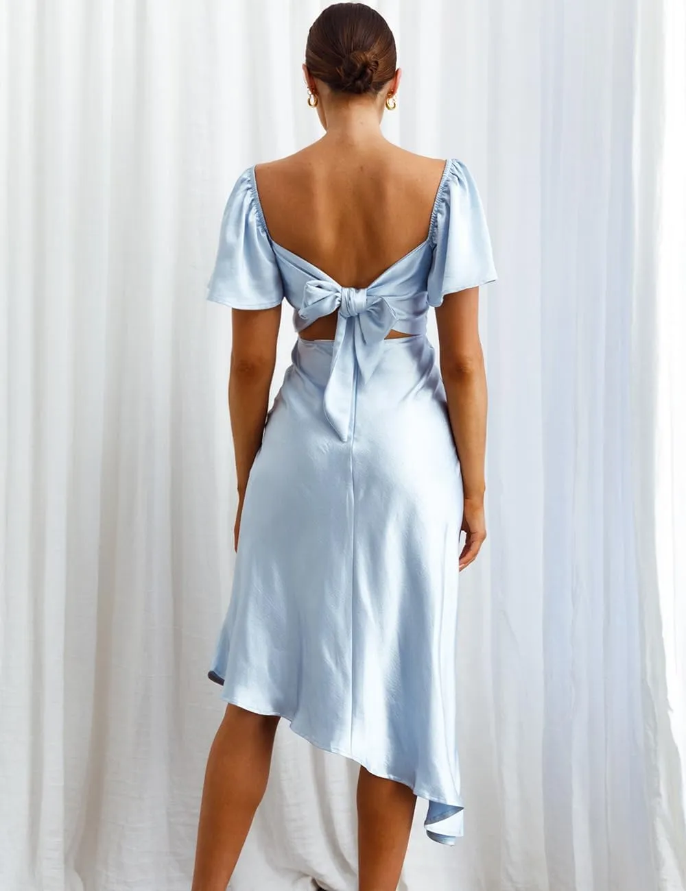 2025 Satin Cowl Neck Flutter Sleeve Midi Dress Silk Sexy Tie Back Asymmetrical Hemline Formal Long Dresses for Wedding Guest