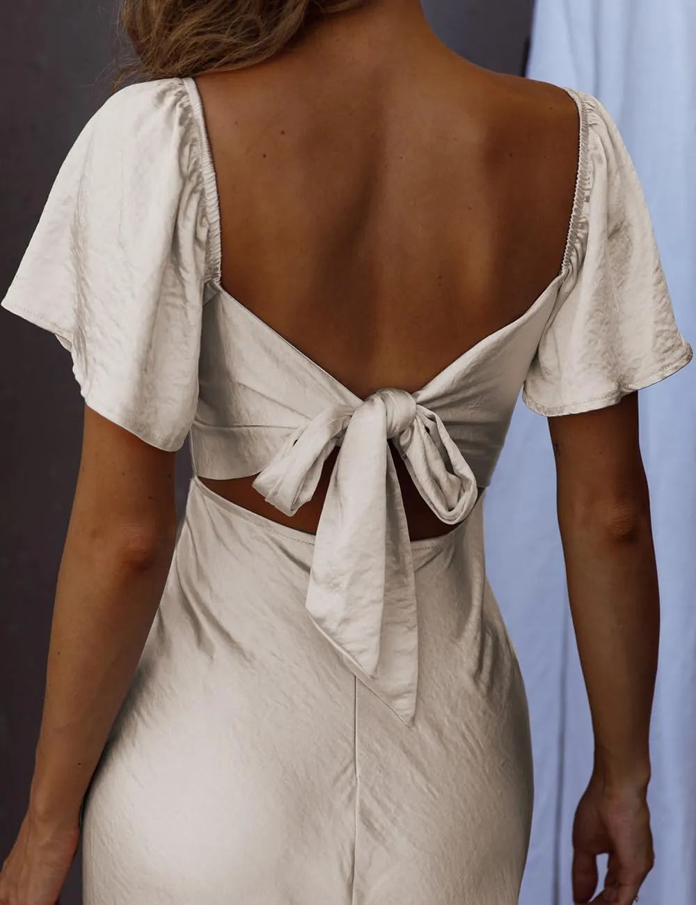 2025 Satin Cowl Neck Flutter Sleeve Midi Dress Silk Sexy Tie Back Asymmetrical Hemline Formal Long Dresses for Wedding Guest