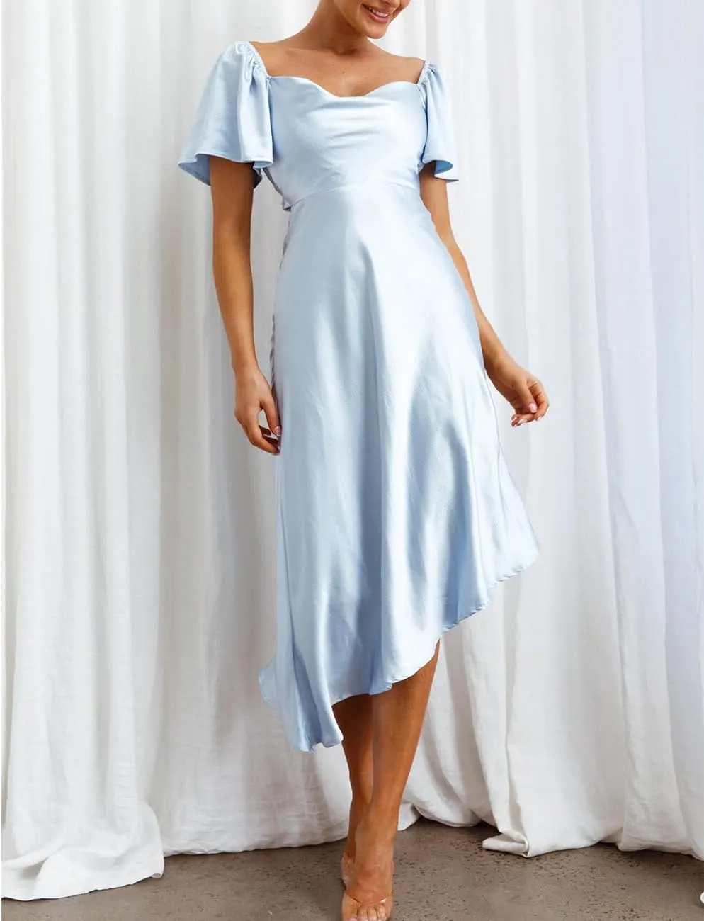 2025 Satin Cowl Neck Flutter Sleeve Midi Dress Silk Sexy Tie Back Asymmetrical Hemline Formal Long Dresses for Wedding Guest