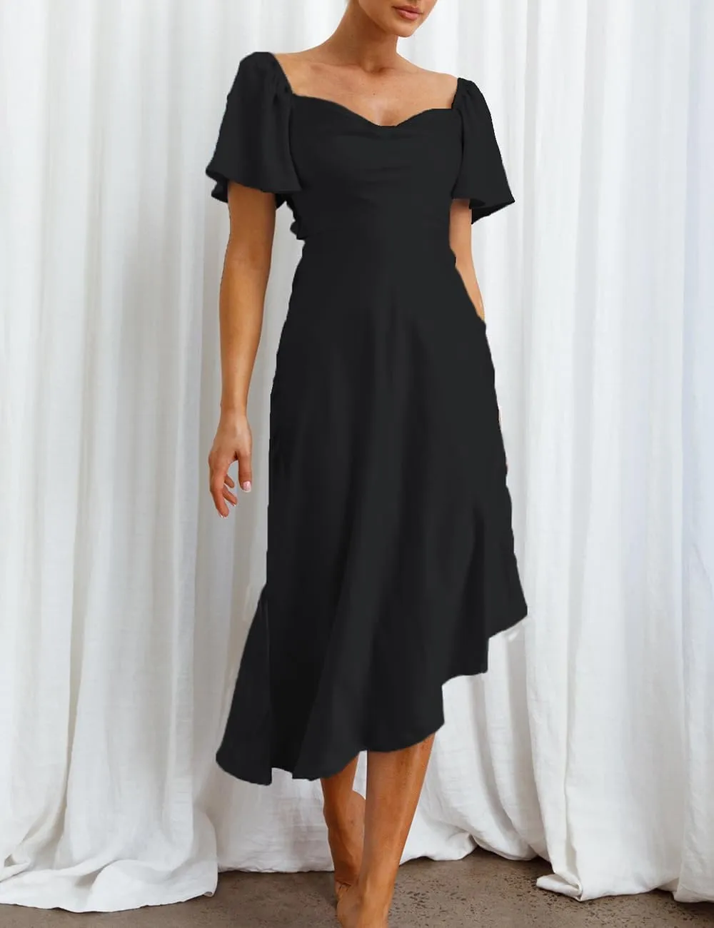 2025 Satin Cowl Neck Flutter Sleeve Midi Dress Silk Sexy Tie Back Asymmetrical Hemline Formal Long Dresses for Wedding Guest