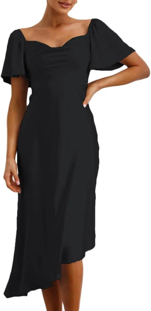 2025 Satin Cowl Neck Flutter Sleeve Midi Dress Silk Sexy Tie Back Asymmetrical Hemline Formal Long Dresses for Wedding Guest