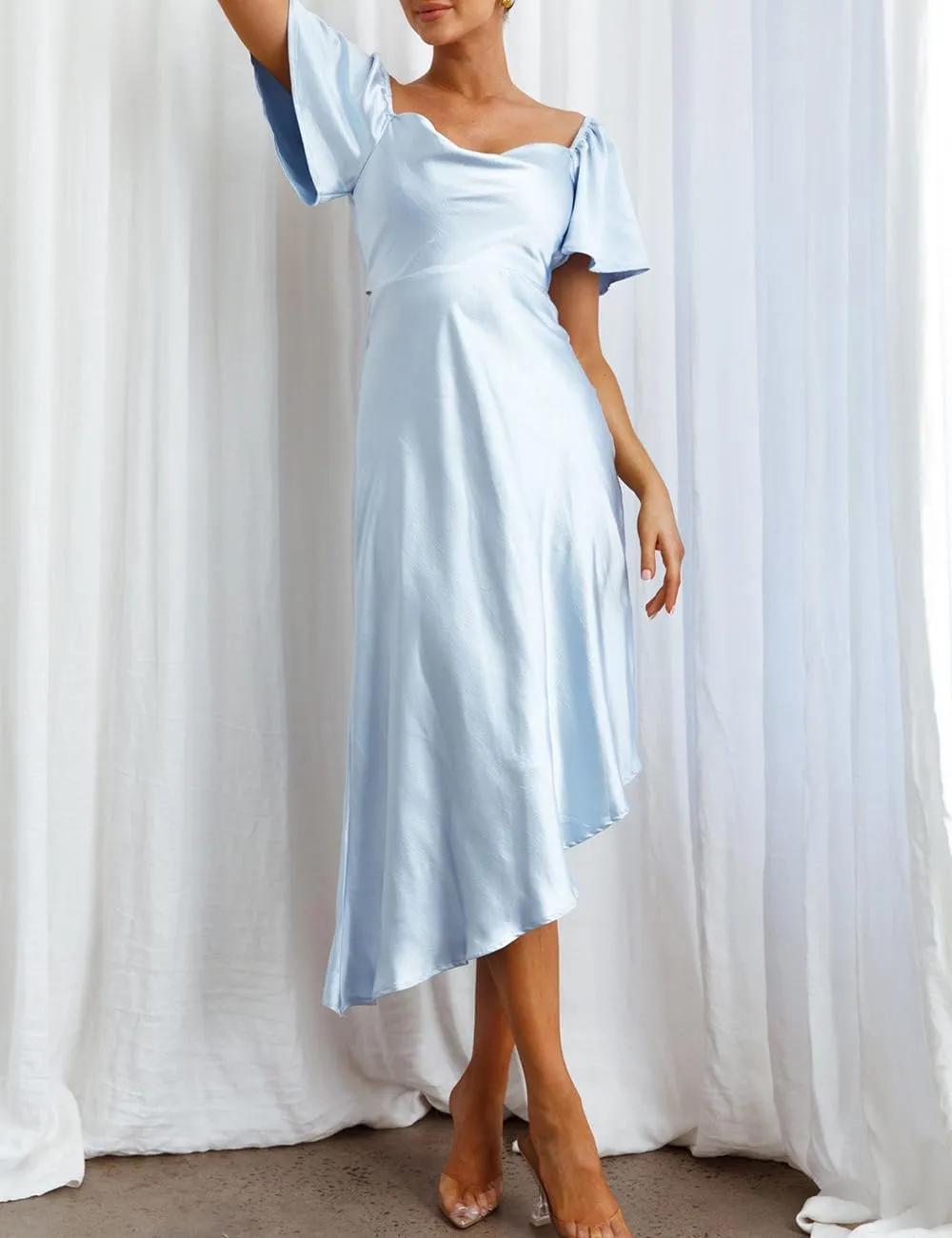 2025 Satin Cowl Neck Flutter Sleeve Midi Dress Silk Sexy Tie Back Asymmetrical Hemline Formal Long Dresses for Wedding Guest