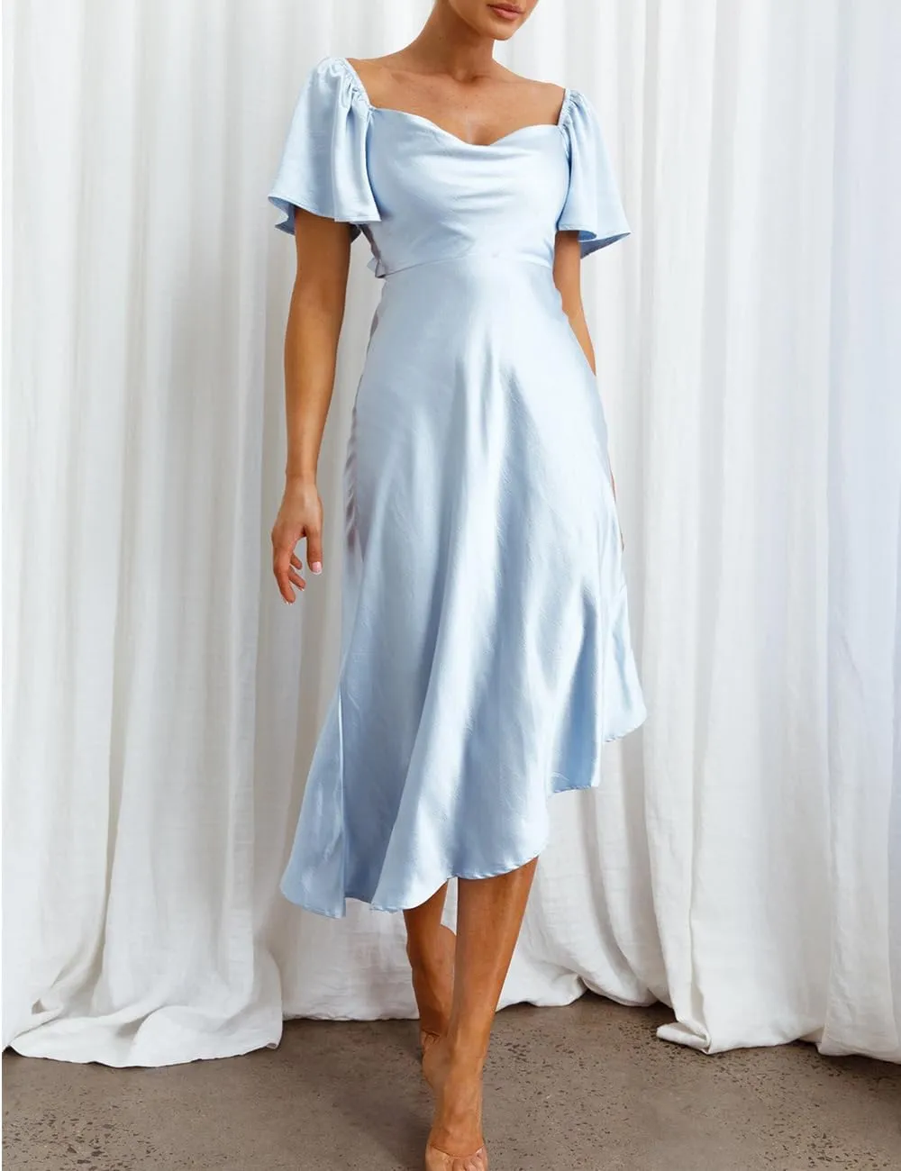 2025 Satin Cowl Neck Flutter Sleeve Midi Dress Silk Sexy Tie Back Asymmetrical Hemline Formal Long Dresses for Wedding Guest