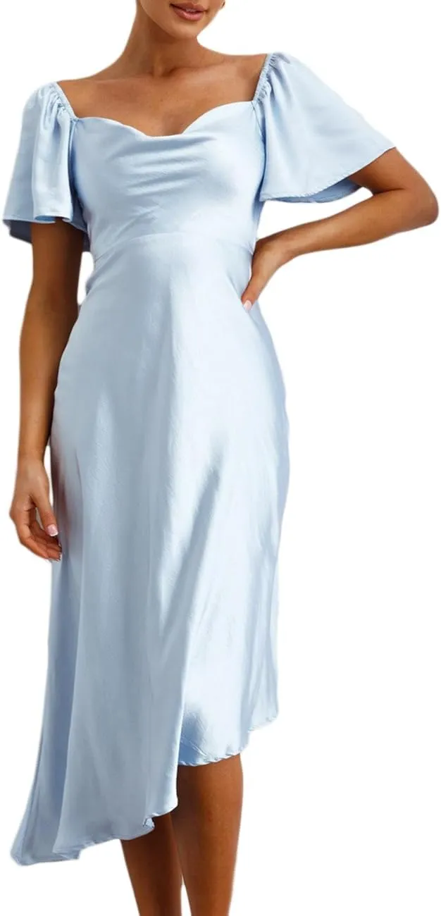 2025 Satin Cowl Neck Flutter Sleeve Midi Dress Silk Sexy Tie Back Asymmetrical Hemline Formal Long Dresses for Wedding Guest