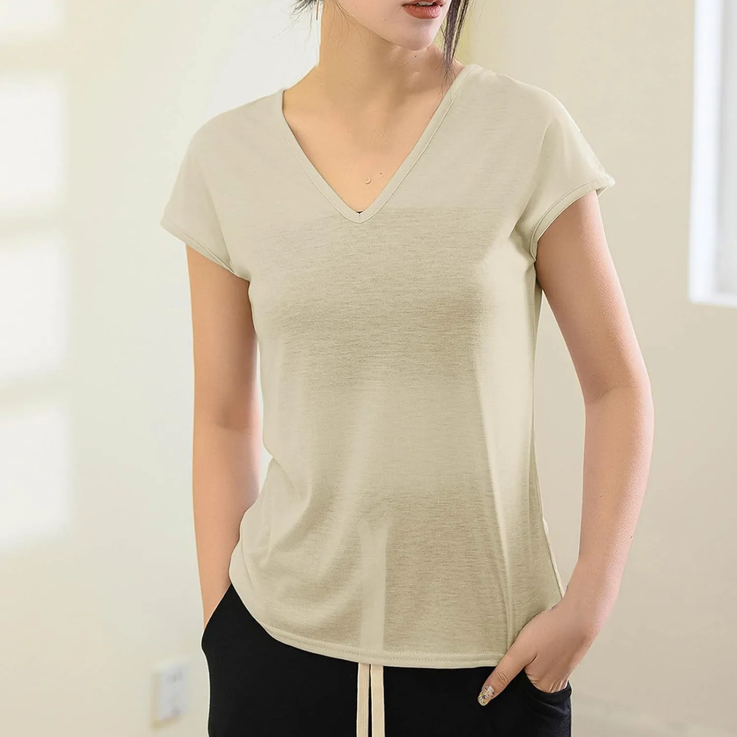 2025 Womens Summer Top Cotton Cap Sleeve Tank Tops V Neck T Shirts Solid Color Tunic Blouse Plus Size Tank Tops