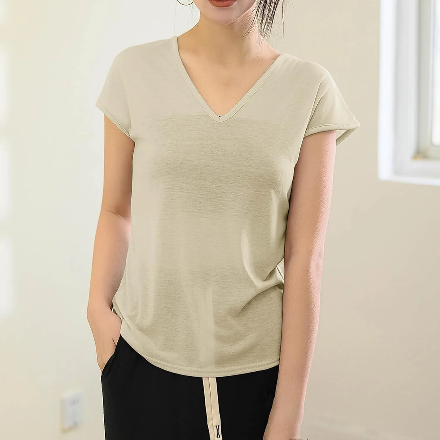 2025 Womens Summer Top Cotton Cap Sleeve Tank Tops V Neck T Shirts Solid Color Tunic Blouse Plus Size Tank Tops