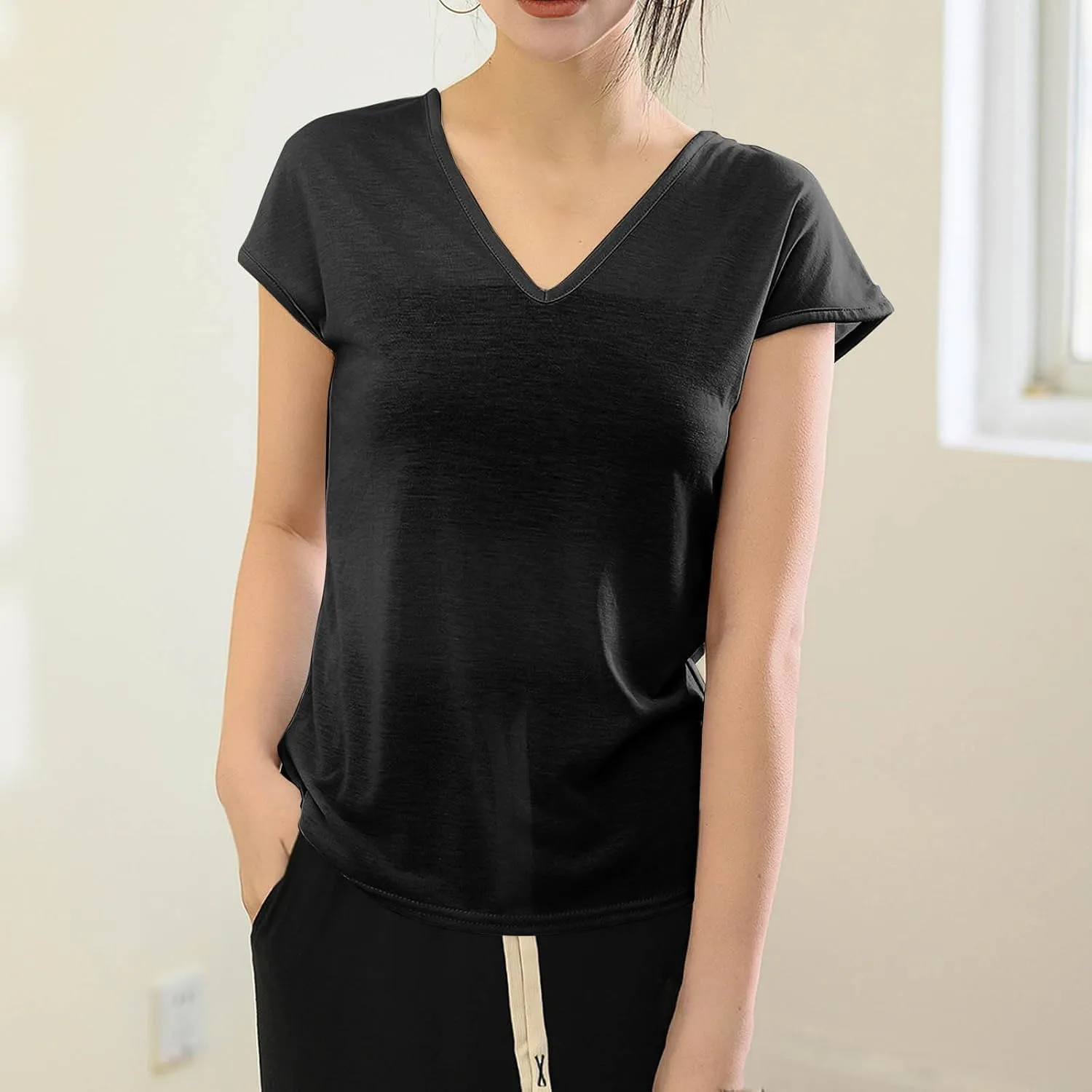 2025 Womens Summer Top Cotton Cap Sleeve Tank Tops V Neck T Shirts Solid Color Tunic Blouse Plus Size Tank Tops