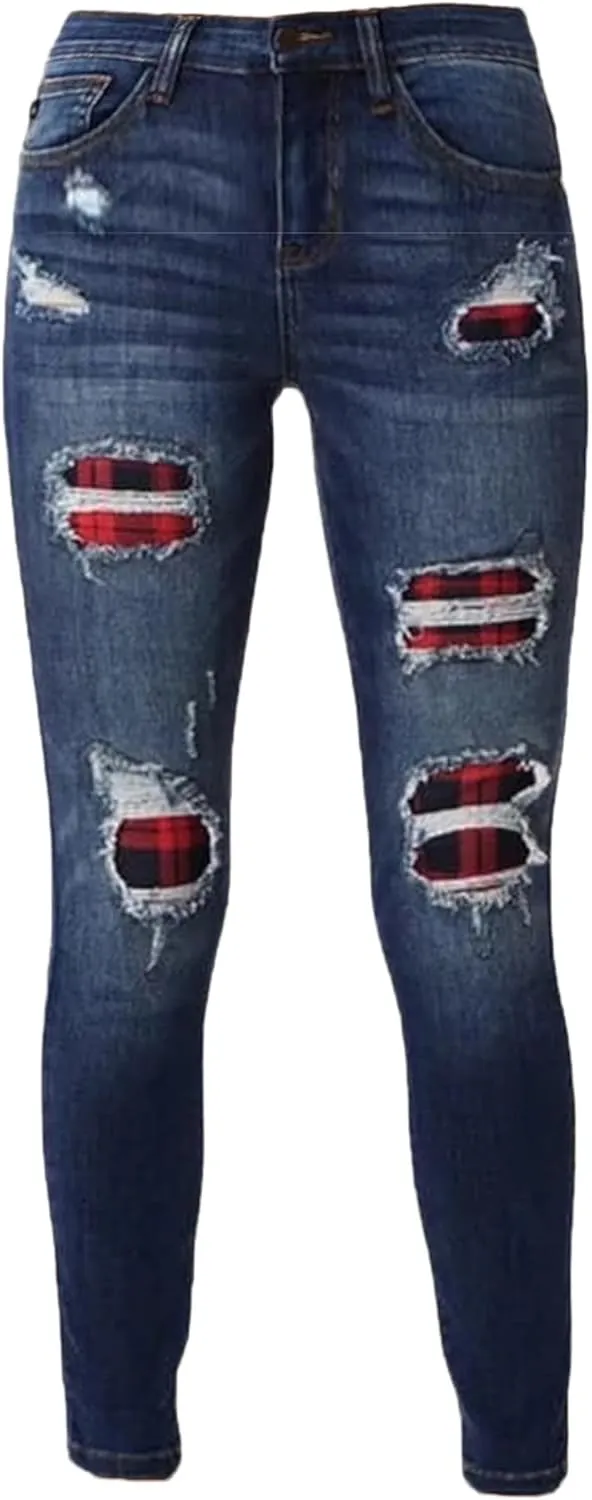 Andongnywell Ripped Skinny Jeans Women Leopard Stretch Butt Lifting Distressed Denim Pants Slim Fit Trousers with Pockets