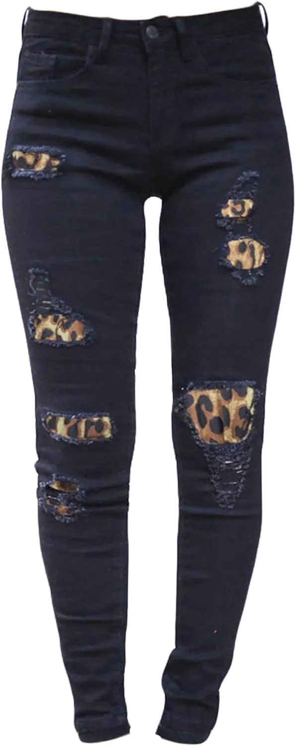 Andongnywell Ripped Skinny Jeans Women Leopard Stretch Butt Lifting Distressed Denim Pants Slim Fit Trousers with Pockets