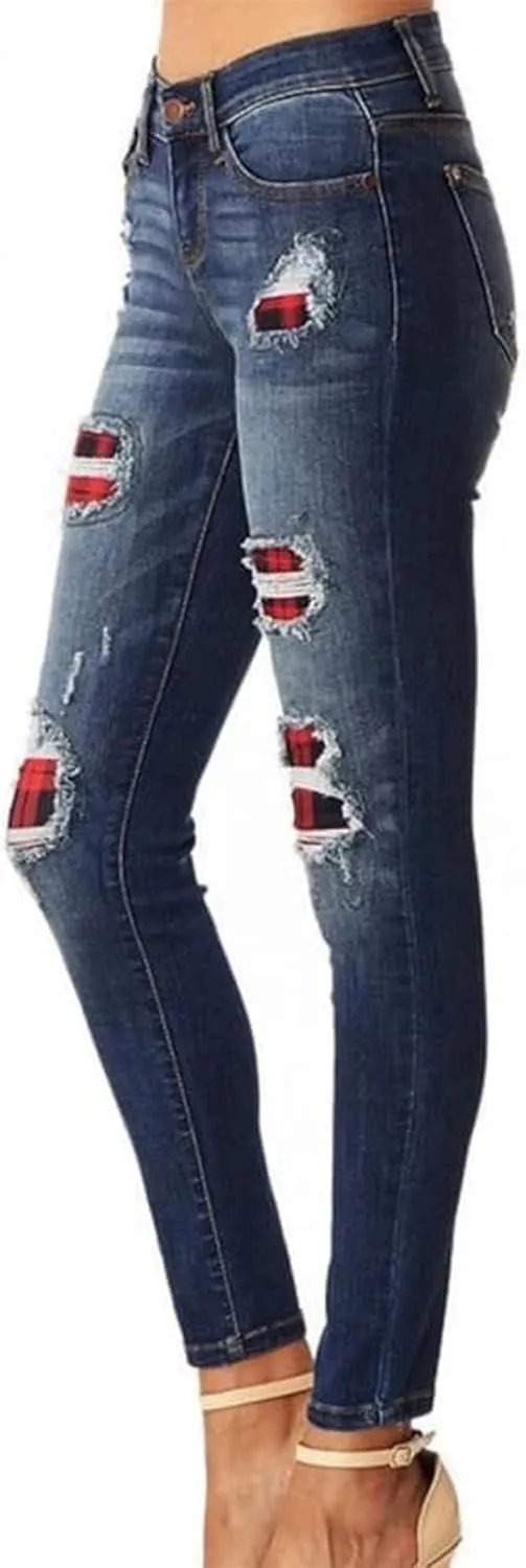 Andongnywell Ripped Skinny Jeans Women Leopard Stretch Butt Lifting Distressed Denim Pants Slim Fit Trousers with Pockets