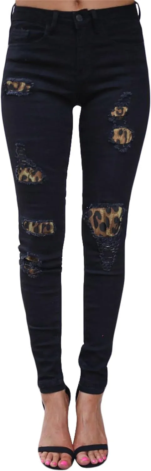 Andongnywell Ripped Skinny Jeans Women Leopard Stretch Butt Lifting Distressed Denim Pants Slim Fit Trousers with Pockets