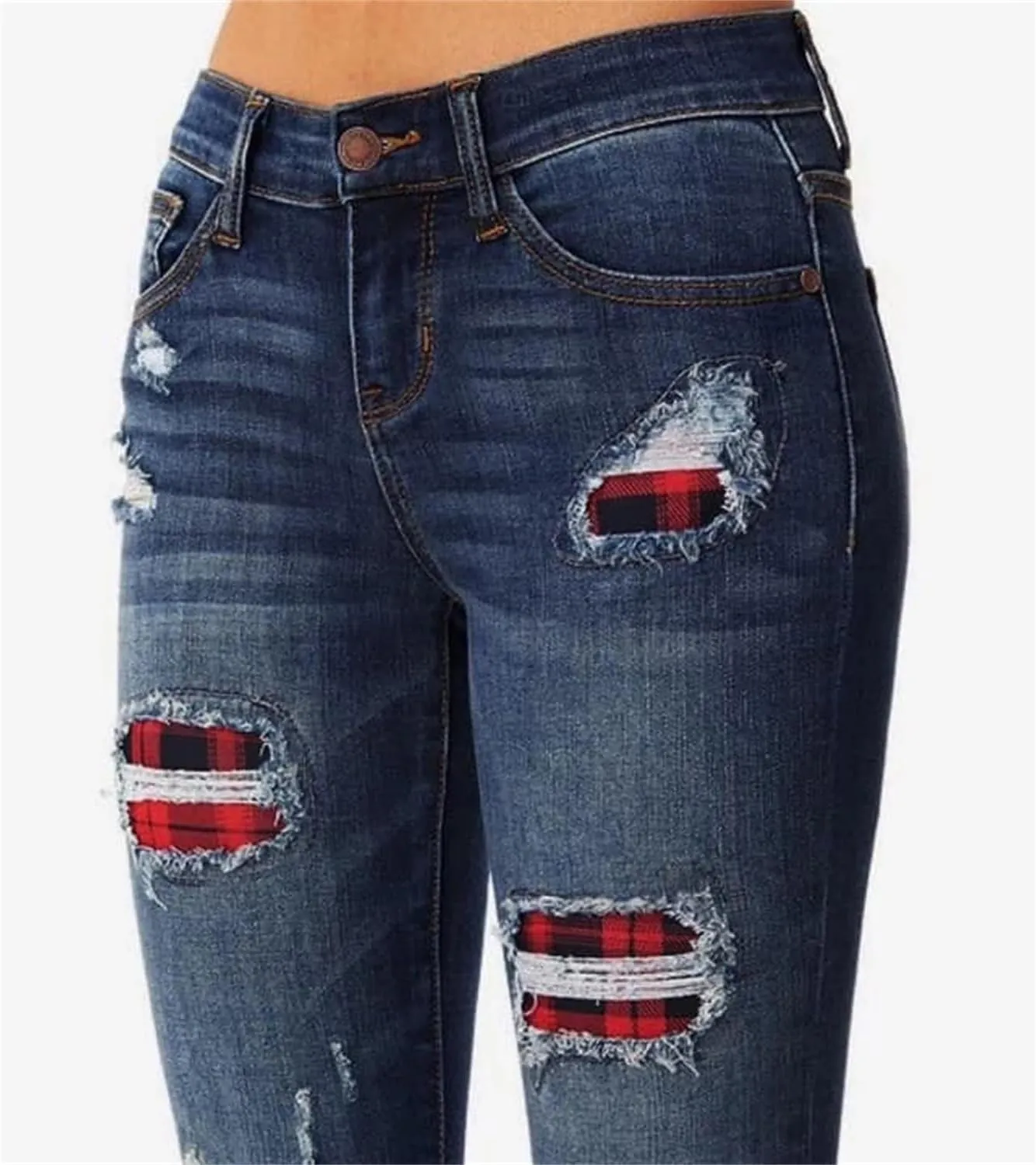 Andongnywell Ripped Skinny Jeans Women Leopard Stretch Butt Lifting Distressed Denim Pants Slim Fit Trousers with Pockets
