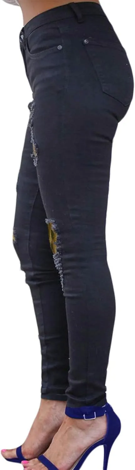 Andongnywell Ripped Skinny Jeans Women Leopard Stretch Butt Lifting Distressed Denim Pants Slim Fit Trousers with Pockets