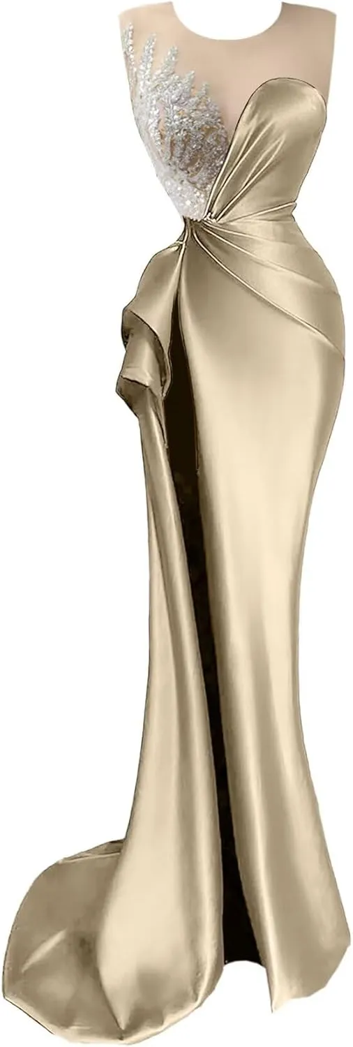 Beaded Prom Dresses for Women Deep V-Neck Mermaid Formal Dress with Slit Sexy Evening Gowns DR0344