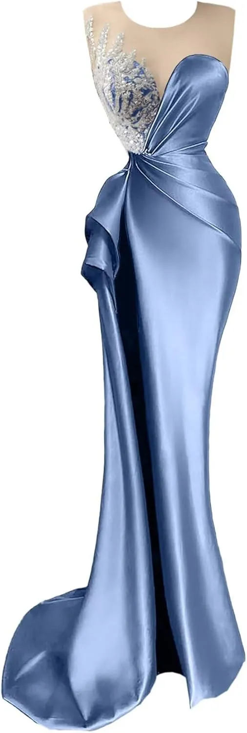 Beaded Prom Dresses for Women Deep V-Neck Mermaid Formal Dress with Slit Sexy Evening Gowns DR0344