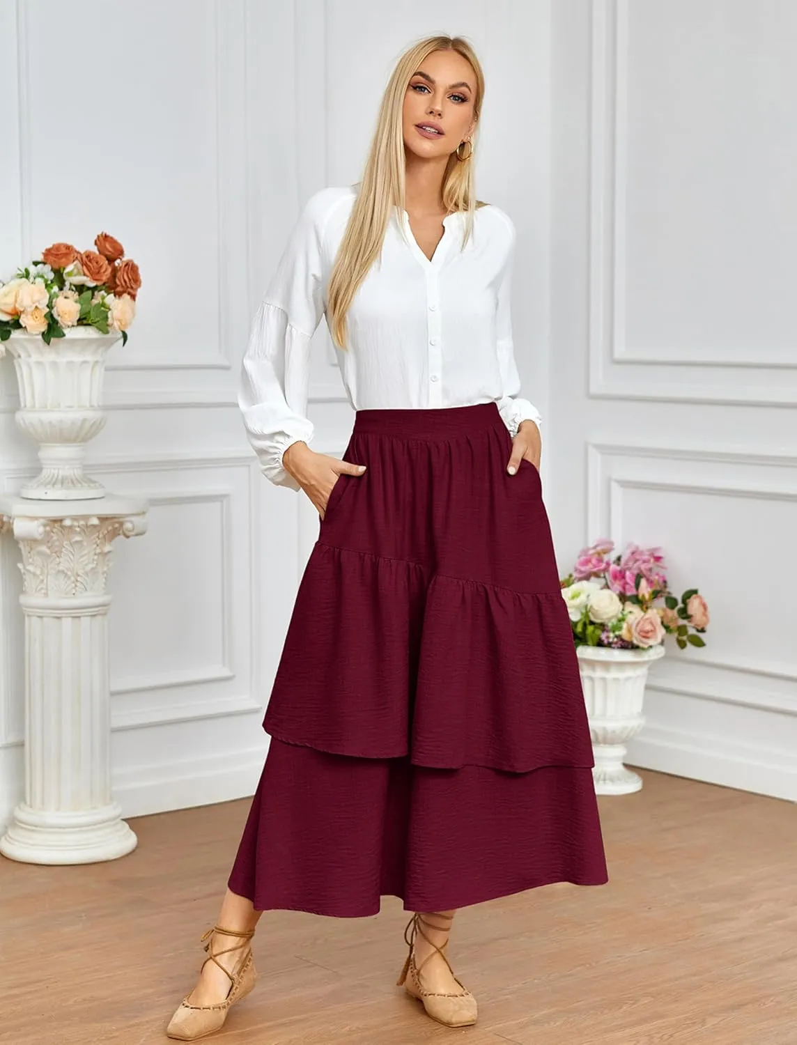 Belle Poque Vintage Skirts for Women Tiered Long Skirts High Waisted Asymmetrical Ruffle A Line Skirt with Pockets