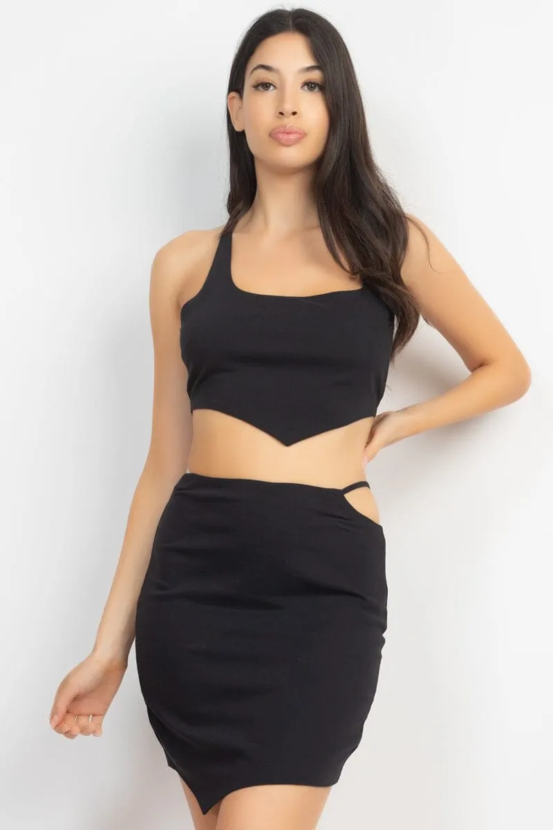 Black Asymmetrical Cross Back Top & Skirts Set_