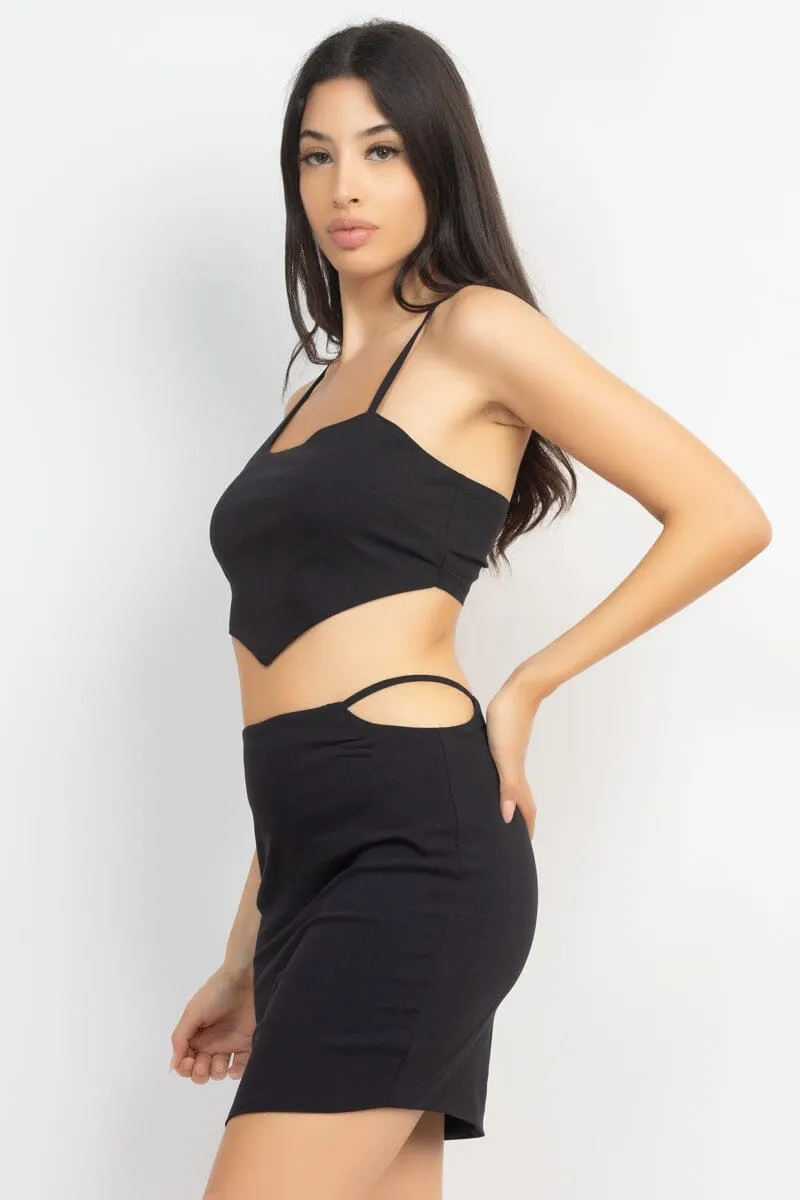 Black Asymmetrical Cross Back Top & Skirts Set_