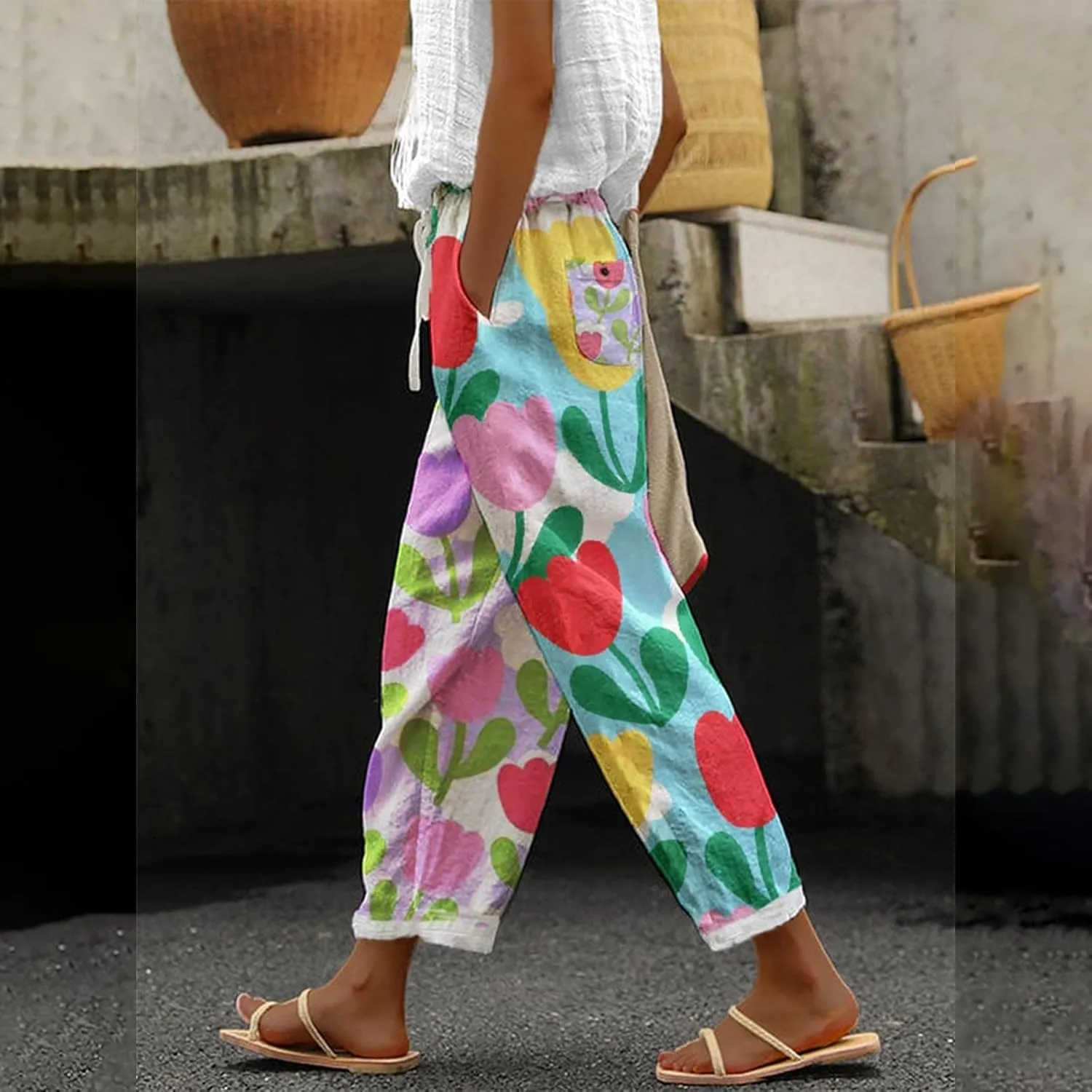 Capri Pants for Women,Striped Pant Linen Capris for Women Summer Wide Leg Loose Drawstring Elastic Waist Trouser
