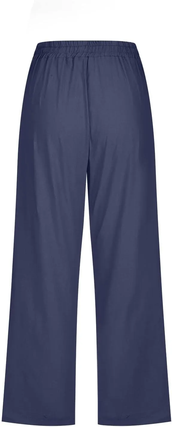 Capris Pants for Women Summer 2025 Plus Size Cotton Linen Pants Straight Leg Drawstring Elastic Waist Cropped Trouser