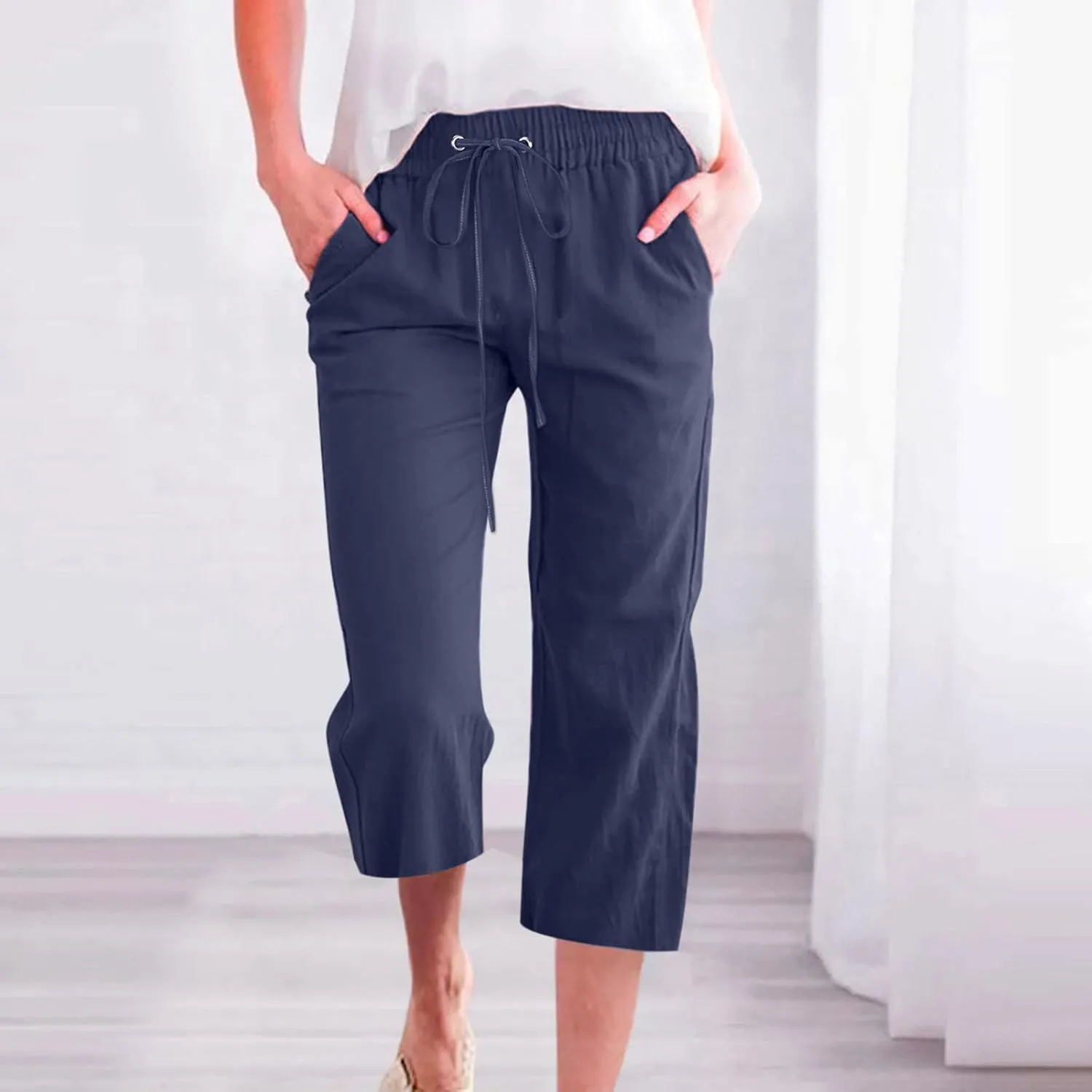 Capris Pants for Women Summer 2025 Plus Size Cotton Linen Pants Straight Leg Drawstring Elastic Waist Cropped Trouser