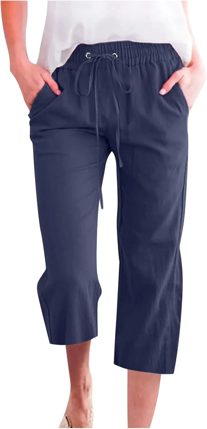Capris Pants for Women Summer 2025 Plus Size Cotton Linen Pants Straight Leg Drawstring Elastic Waist Cropped Trouser