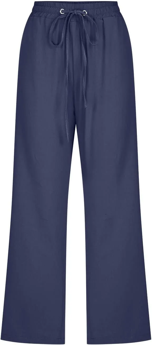 Capris Pants for Women Summer 2025 Plus Size Cotton Linen Pants Straight Leg Drawstring Elastic Waist Cropped Trouser