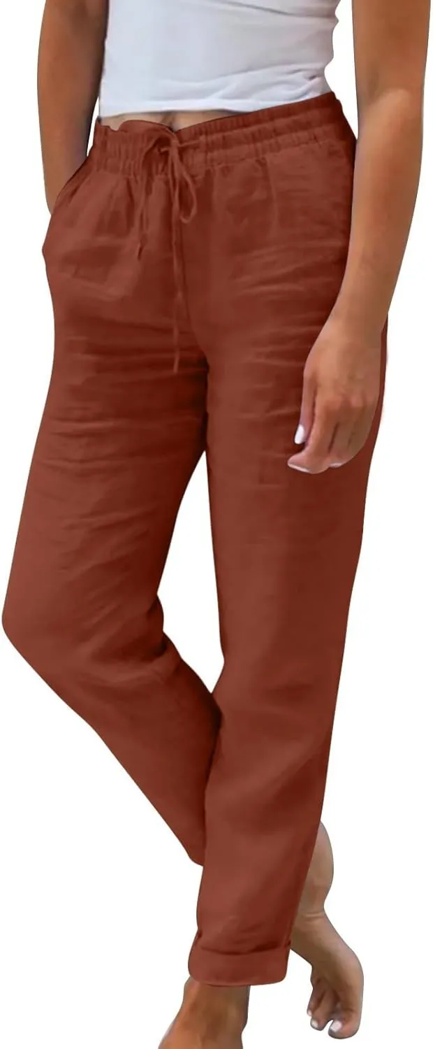 Cropped Linen Pants for Women Casual Loose Elastic Drawstring Wide Leg Pants High Waisted Work Pants with Pockets