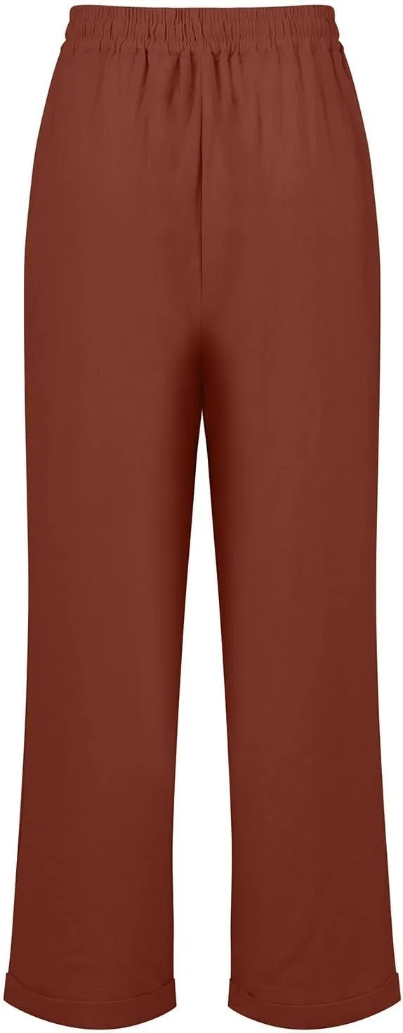 Cropped Linen Pants for Women Casual Loose Elastic Drawstring Wide Leg Pants High Waisted Work Pants with Pockets