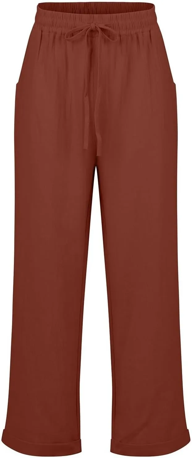 Cropped Linen Pants for Women Casual Loose Elastic Drawstring Wide Leg Pants High Waisted Work Pants with Pockets