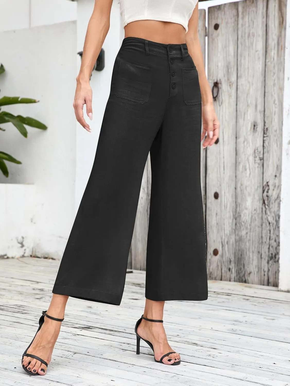 Famulily Womens Linen Pants for Summer Button Down Wide Leg Cropped Pants Casual Capri Pants with Pockets