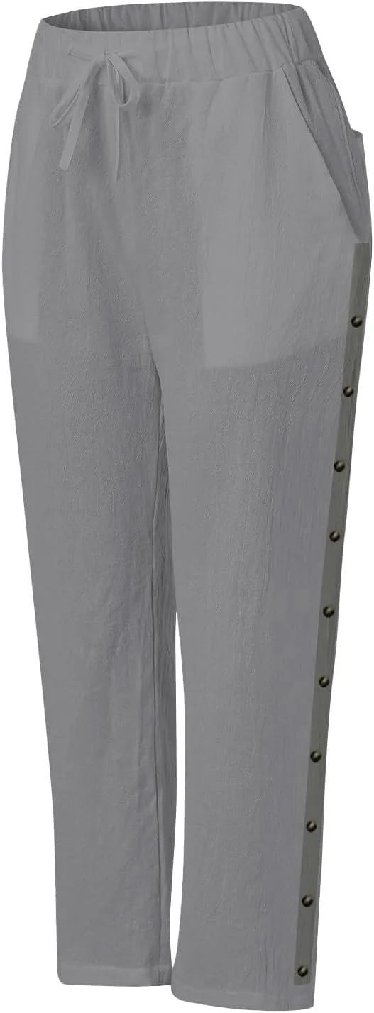 GOKKILRW Womens Linen Beach Capris Lounge Cropped Pant Boho Vacation Palazzo Pants Elastic Waist Lightweight Causal Joggers