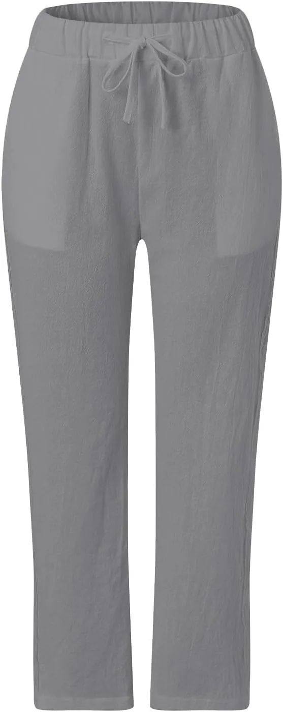 GOKKILRW Womens Linen Beach Capris Lounge Cropped Pant Boho Vacation Palazzo Pants Elastic Waist Lightweight Causal Joggers