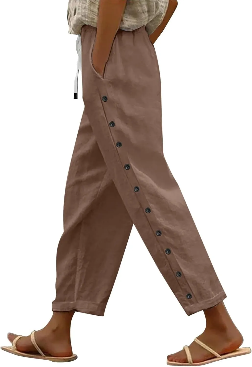 GOKKILRW Womens Linen Beach Capris Lounge Cropped Pant Boho Vacation Palazzo Pants Elastic Waist Lightweight Causal Joggers