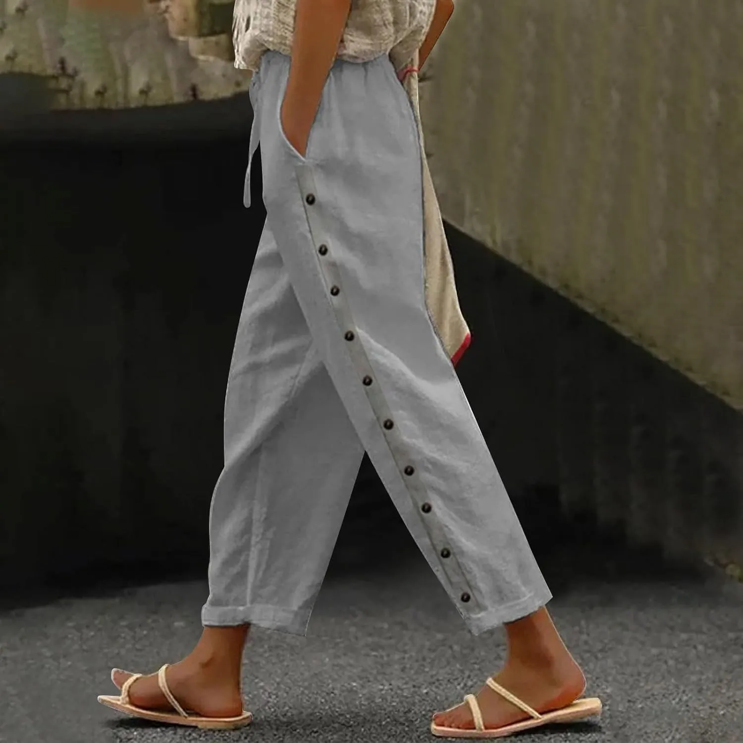 GOKKILRW Womens Linen Beach Capris Lounge Cropped Pant Boho Vacation Palazzo Pants Elastic Waist Lightweight Causal Joggers