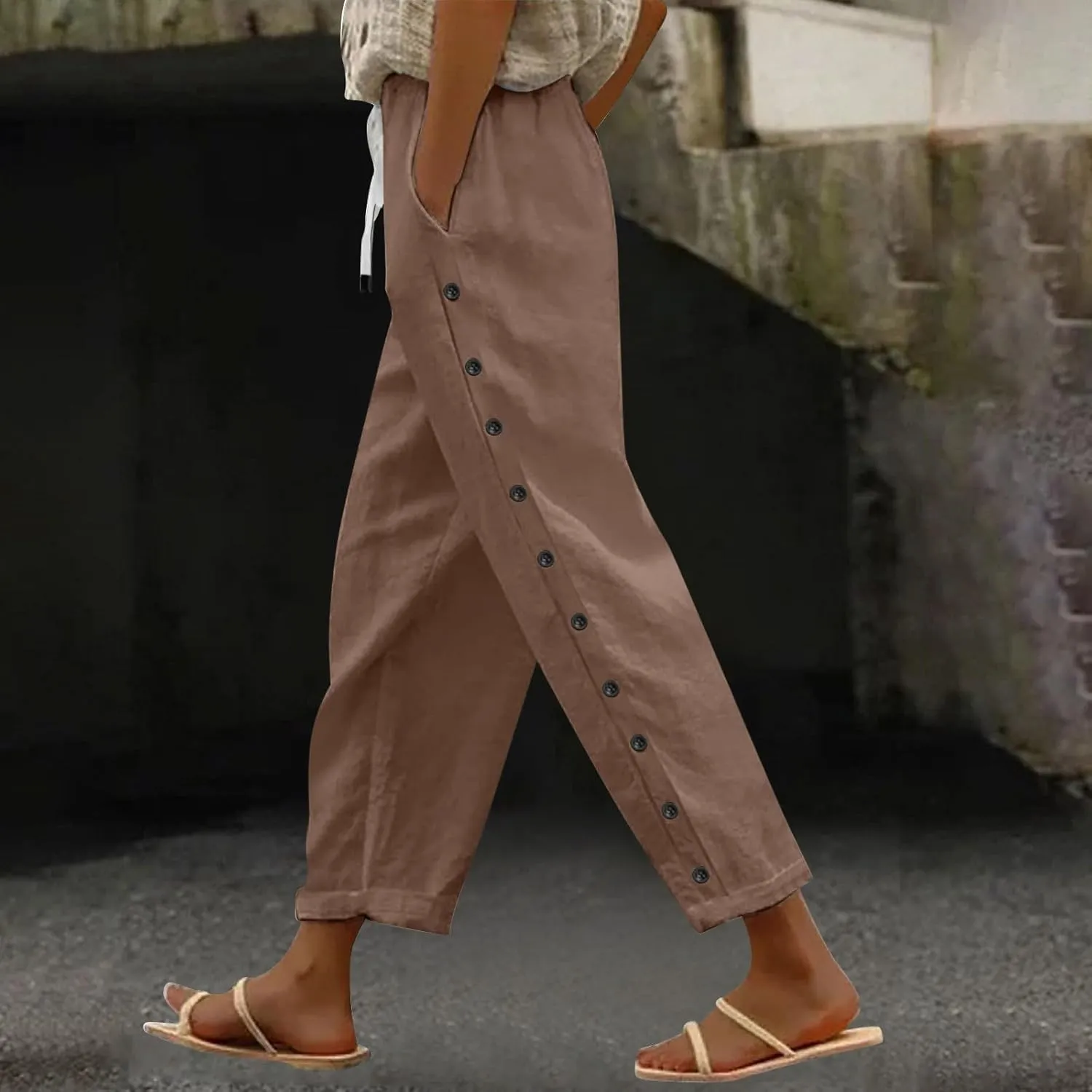 GOKKILRW Womens Linen Beach Capris Lounge Cropped Pant Boho Vacation Palazzo Pants Elastic Waist Lightweight Causal Joggers