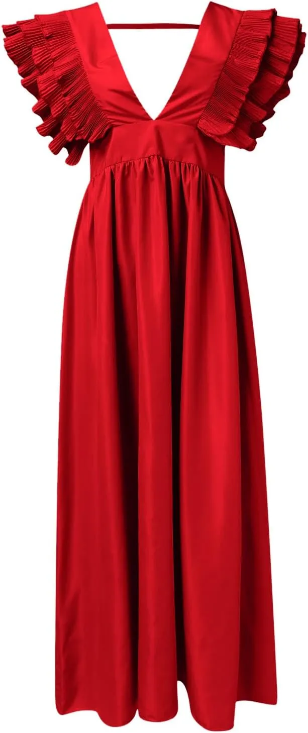 Gowns for Short Women Sleeve Tiered Midi Dress Tie Waist A Line Long Party Dress Cocktail Formal Dresses for