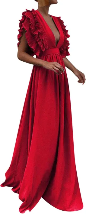Gowns for Short Women Sleeve Tiered Midi Dress Tie Waist A Line Long Party Dress Cocktail Formal Dresses for