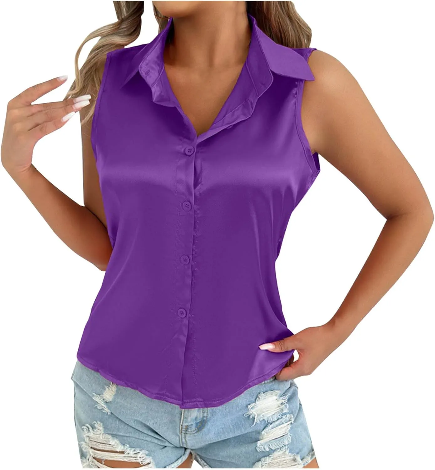 HGps8w Silky Tank Tops for Womens 2025 Summer Button Down Satin Work Shirts Dressy Collared Sleeveless Business Casual Blouse