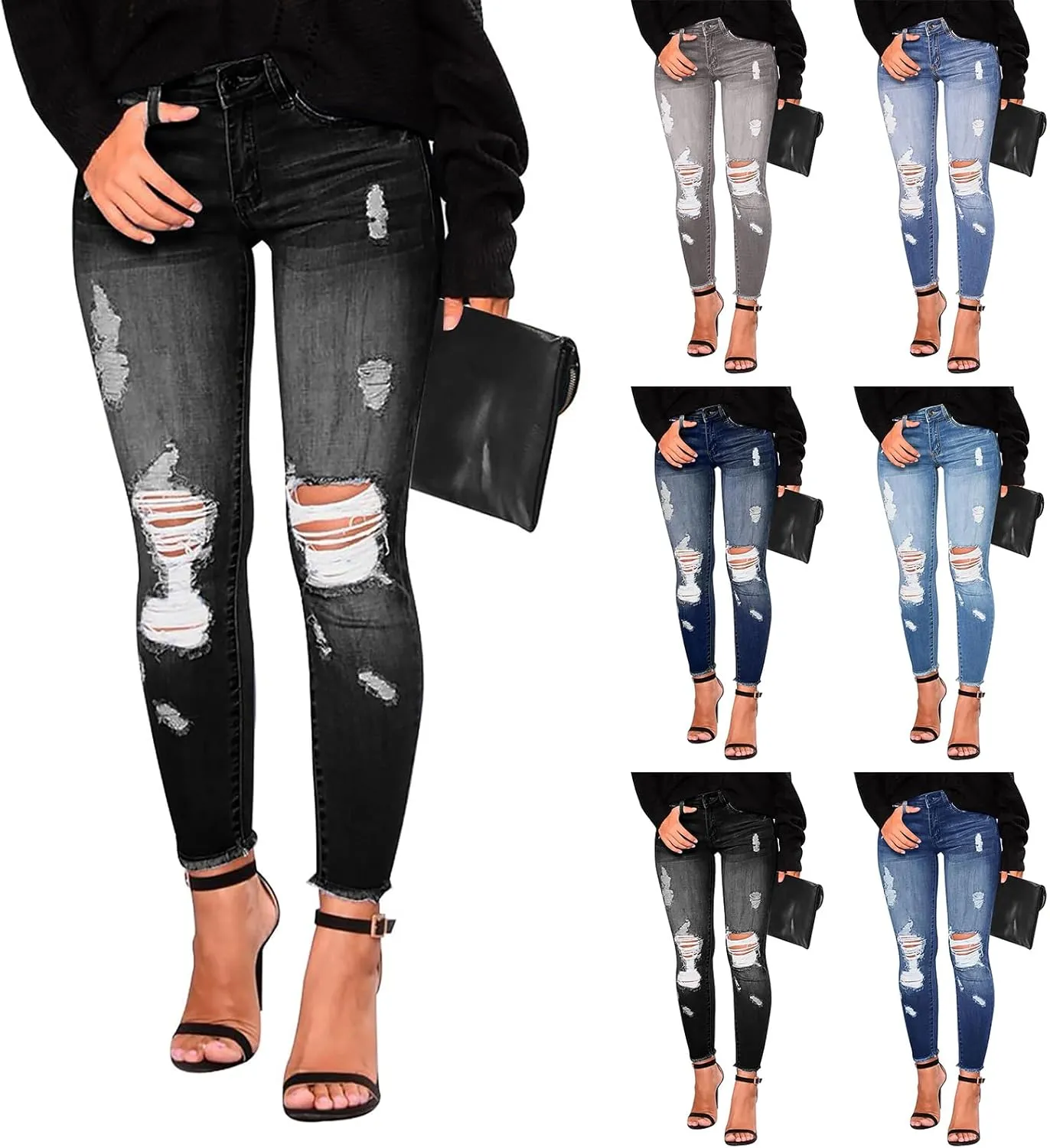 Jeggings for Women Tummy Control High Waisted Ripped Skinny Jeans Stretchy Distressed Denim Leggings with Pockets
