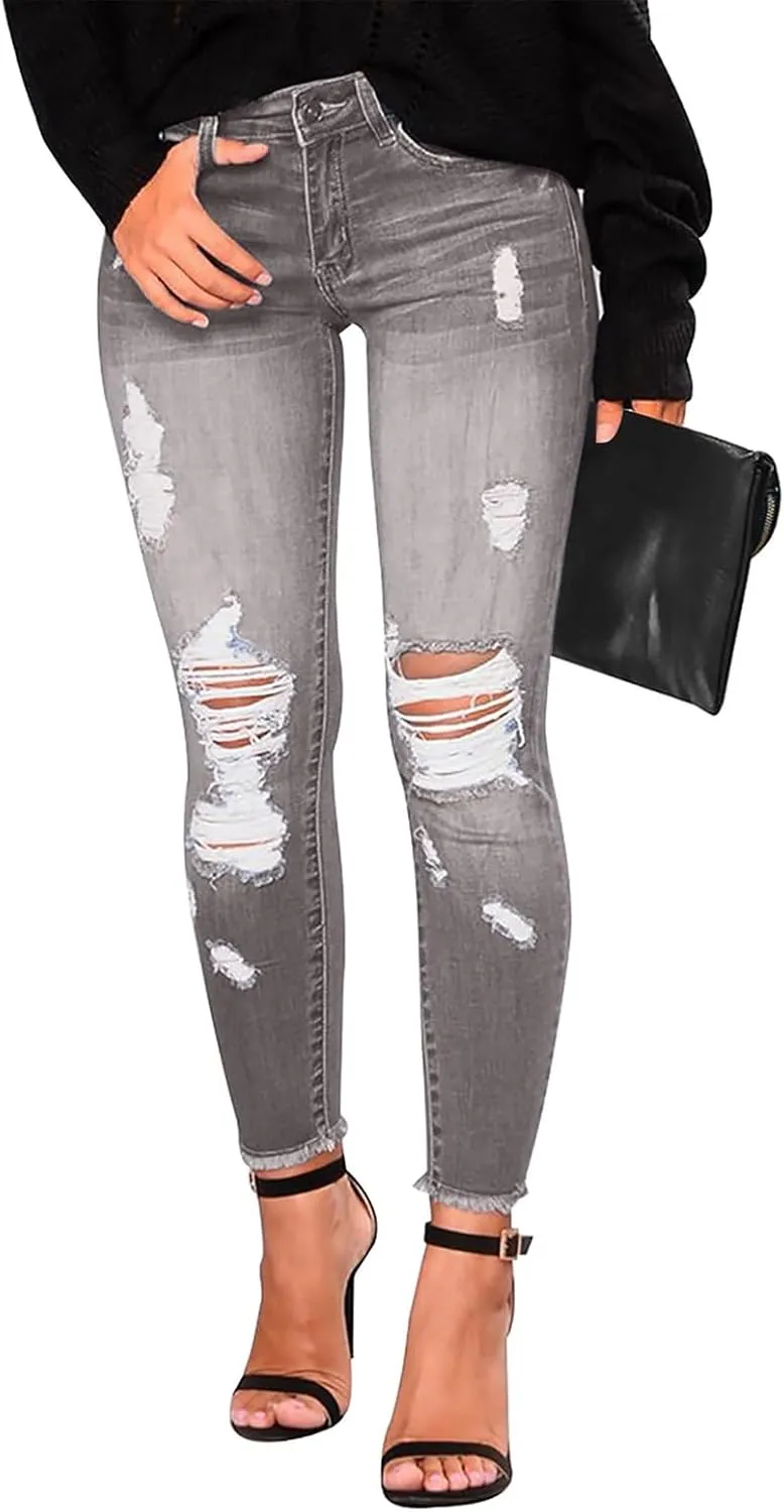 Jeggings for Women Tummy Control High Waisted Ripped Skinny Jeans Stretchy Distressed Denim Leggings with Pockets