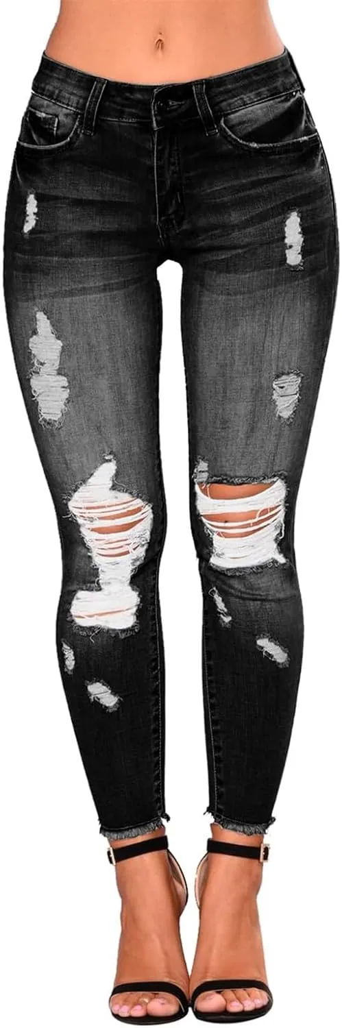Jeggings for Women Tummy Control High Waisted Ripped Skinny Jeans Stretchy Distressed Denim Leggings with Pockets