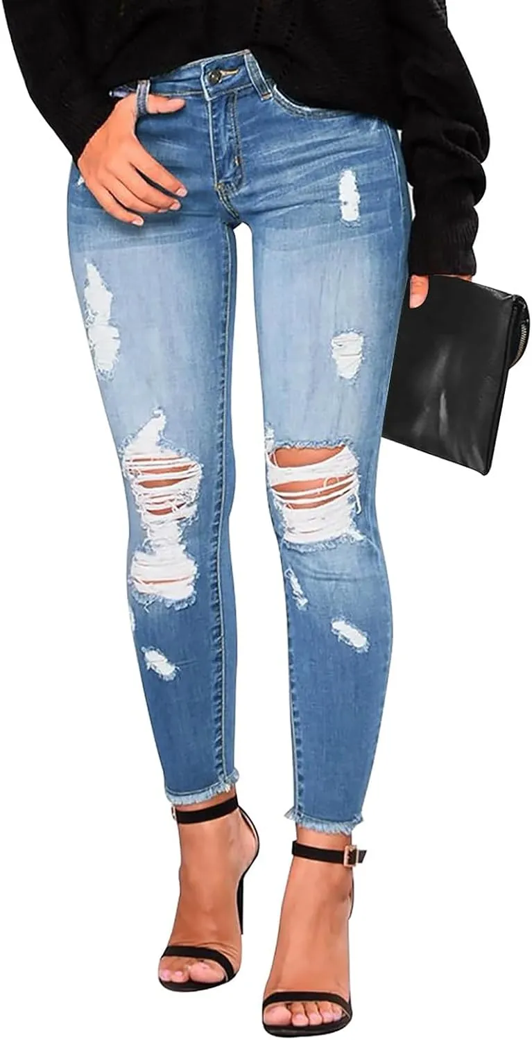 Jeggings for Women Tummy Control High Waisted Ripped Skinny Jeans Stretchy Distressed Denim Leggings with Pockets