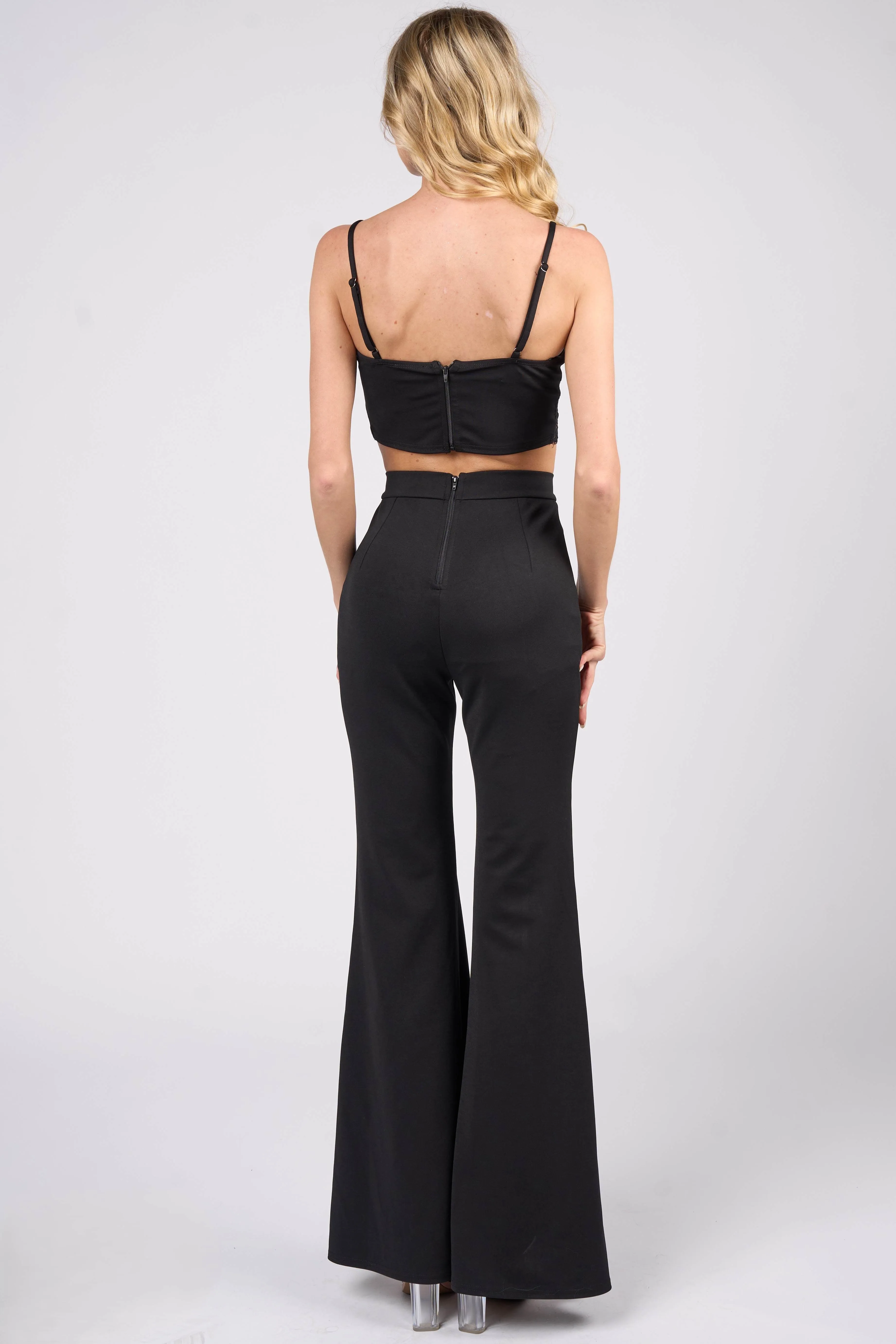 LACE TRIM BRALETTE CROP TOP & LACE FLARE PANTS SET