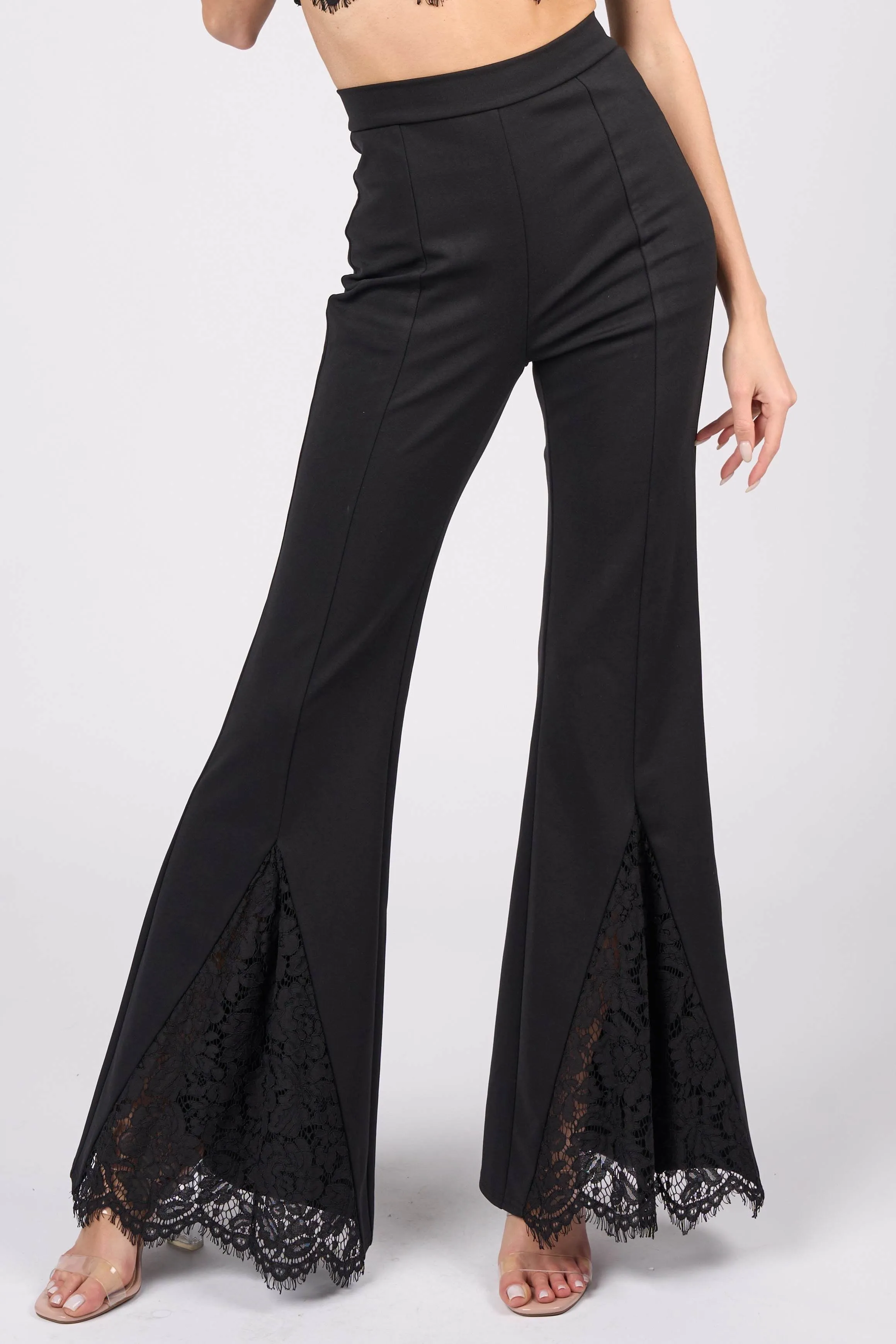 LACE TRIM BRALETTE CROP TOP & LACE FLARE PANTS SET